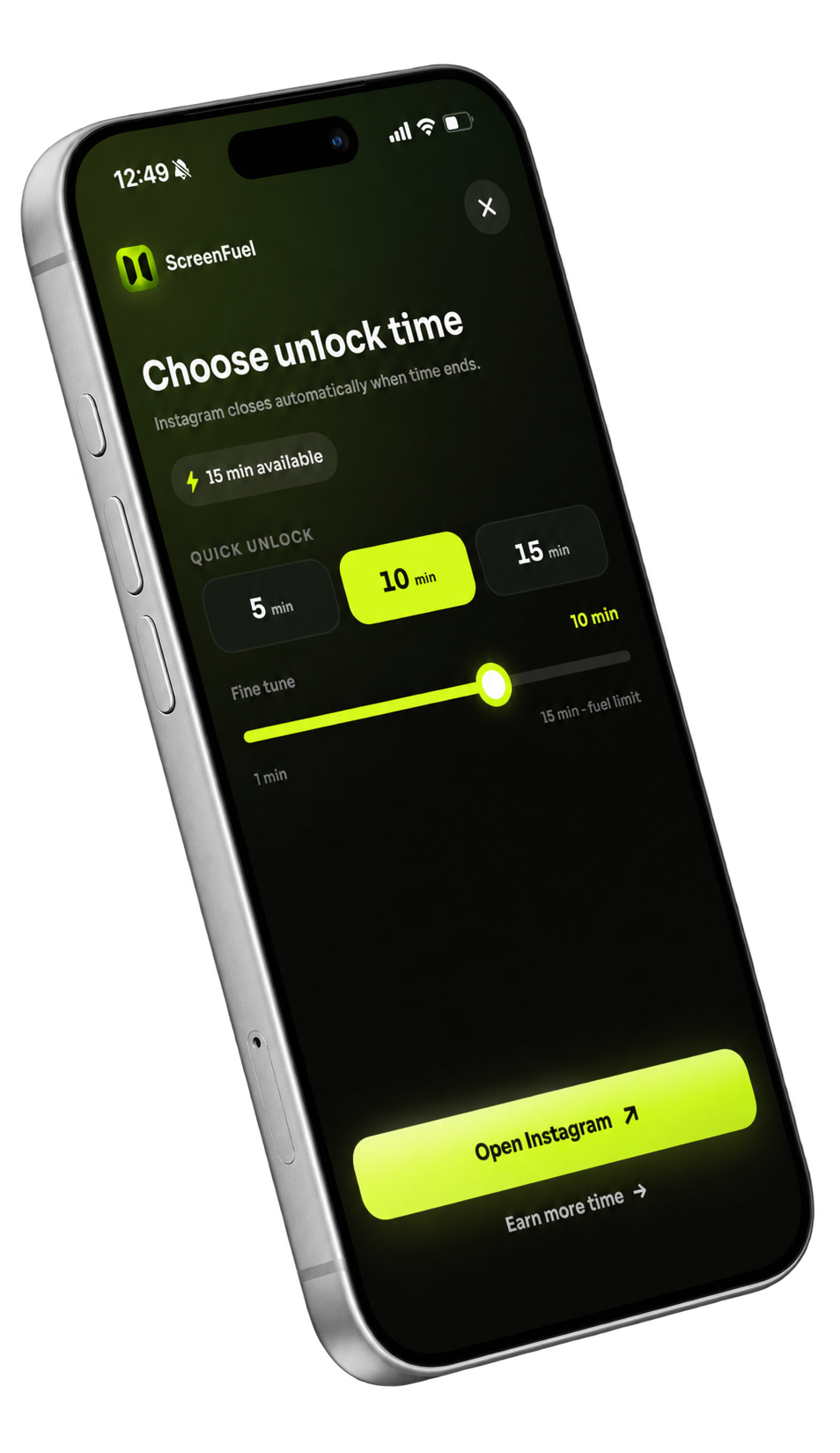 ScreenFuel session-time controls with quick choices and a fine-tune slider