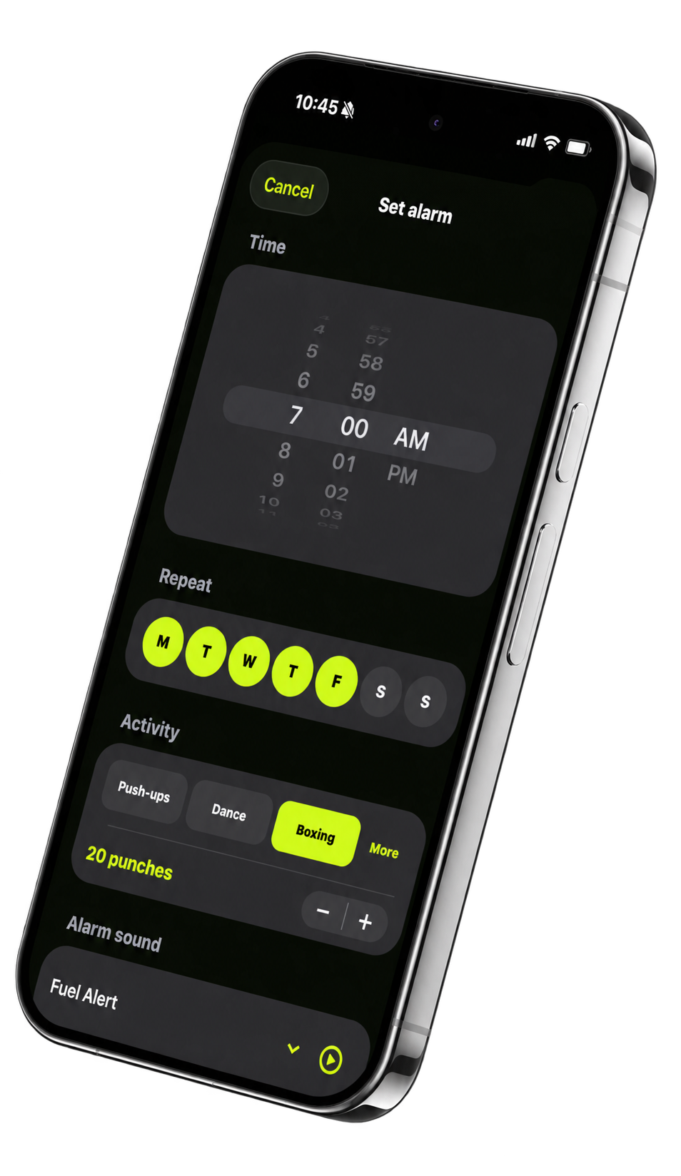 ScreenFuel alarm setup with a boxing activity required to stop the alarm
