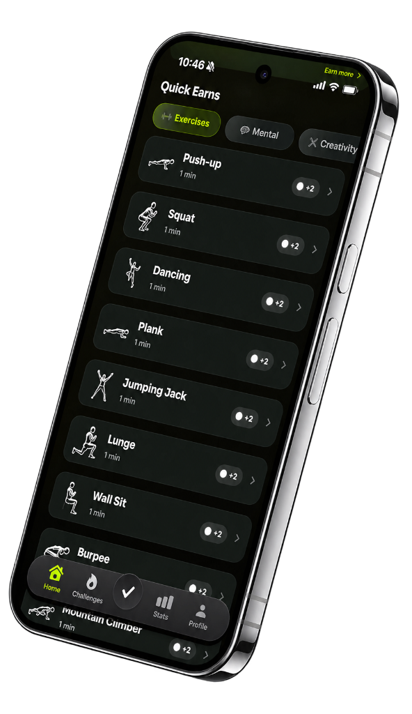 Quick Earns exercise list in ScreenFuel