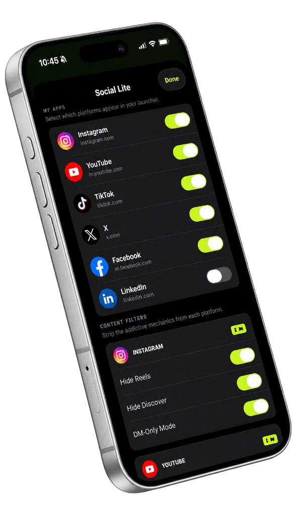 Social Lite settings for hiding addictive social media features