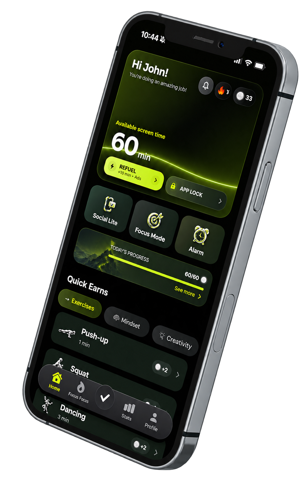 ScreenFuel home screen showing 60 minutes of available screen time